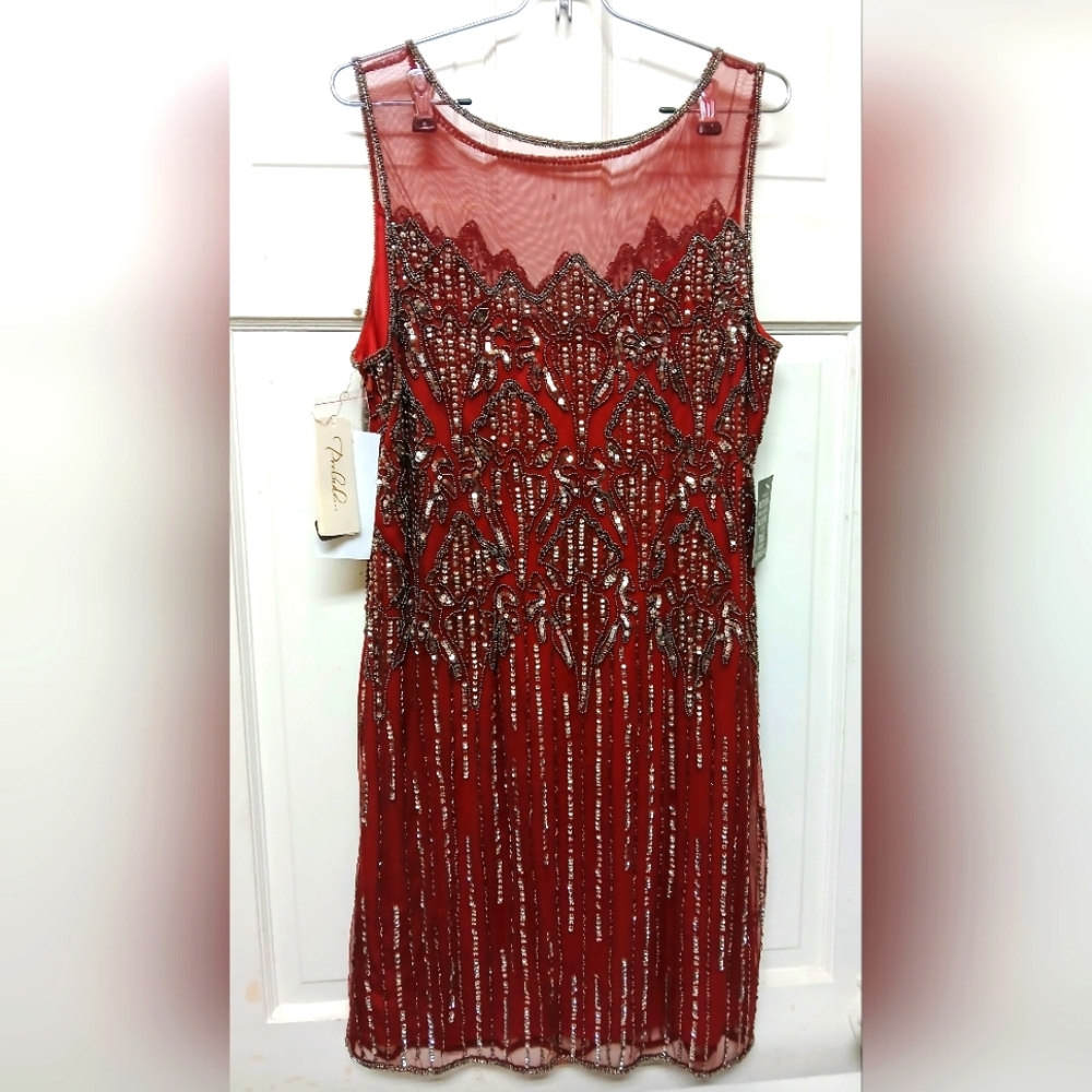 Prelude Elegant Cranberry Red Beaded Rayon Knee High Dress Size 16 New With Tags - Picture 11 of 11
